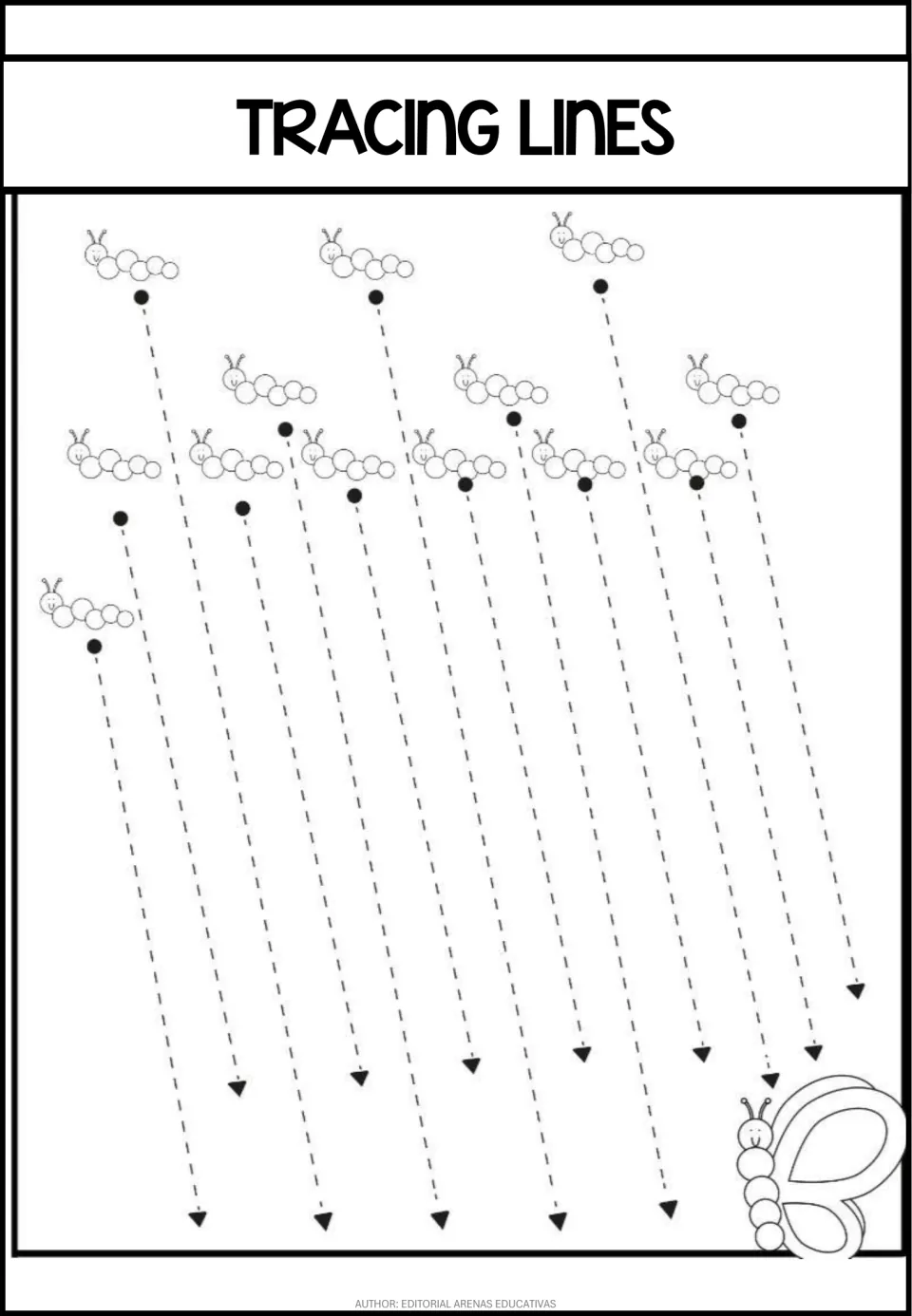 Long diagonal stroke practice sheet featuring dashed paths traced downward and right from dots to arrows