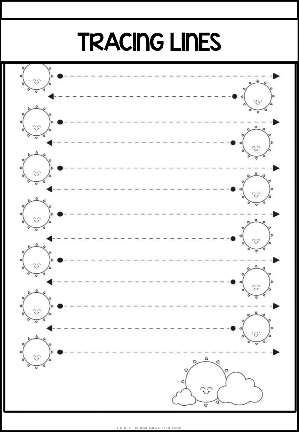Horizontal stroke practice sheet featuring 13 dashed paths with alternating rightward and leftward arrows