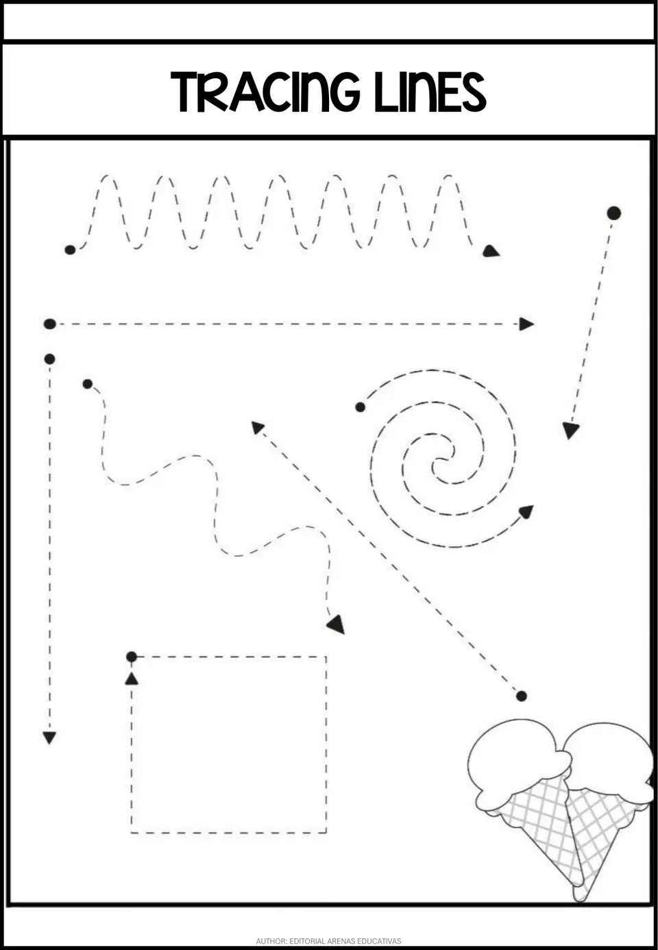 Mixed stroke practice sheet combining straight, diagonal, wavy, spiral, and square paths for tracing