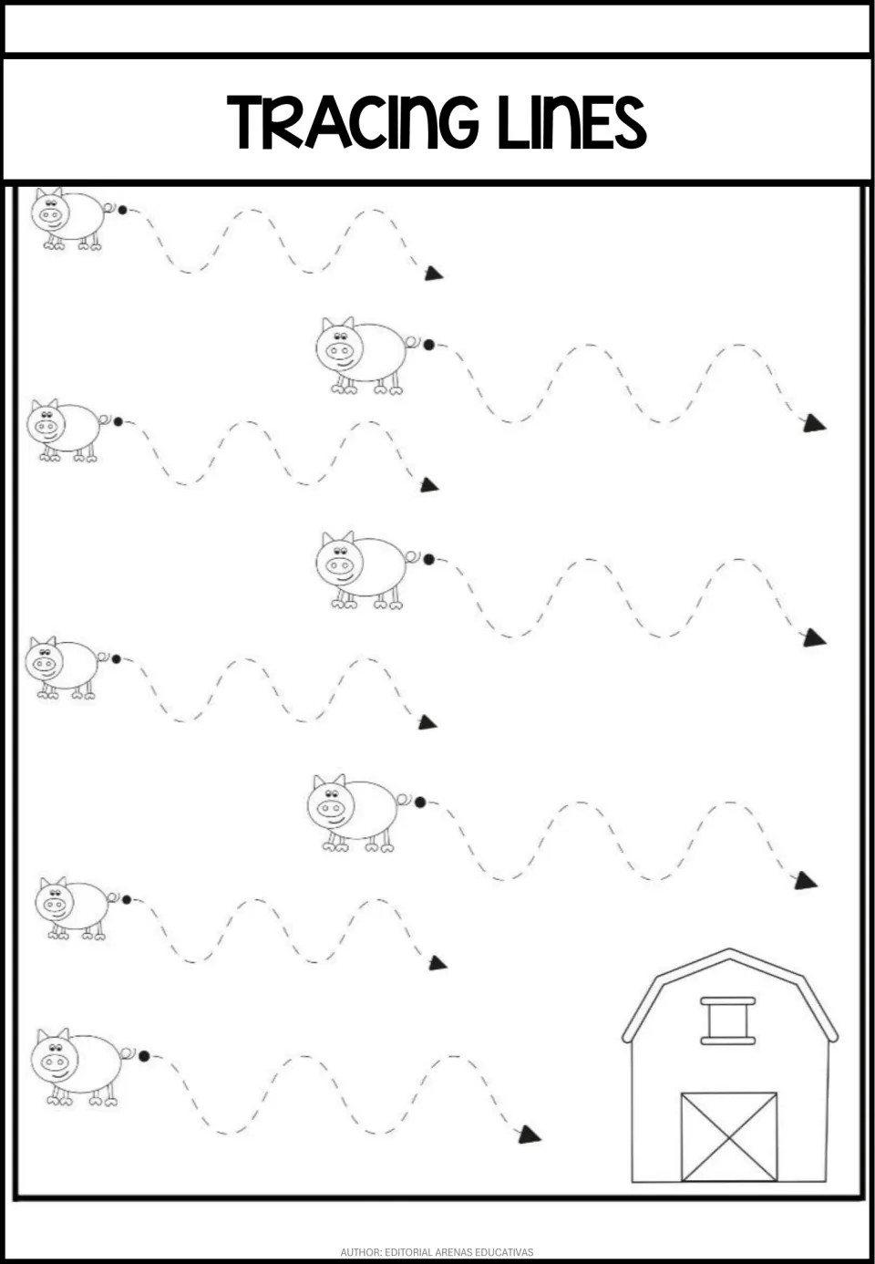 Wavy stroke practice sheet featuring eight dashed paths of different lengths, marked with dots and arrows