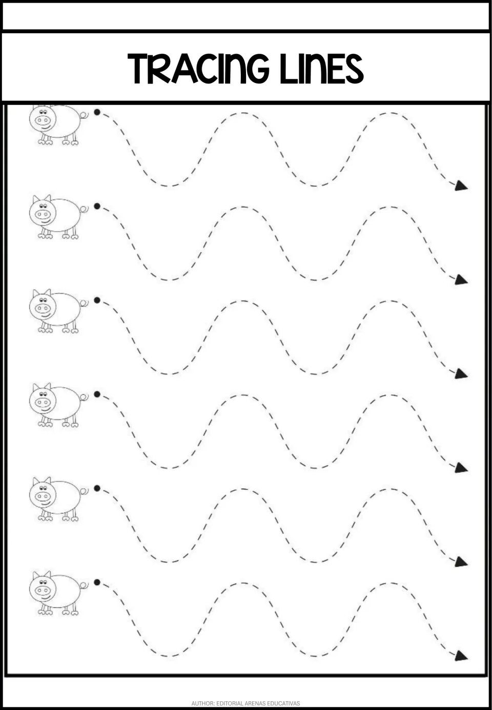 Wavy stroke practice sheet featuring six long dashed paths to trace from left-hand dots to right-hand arrows