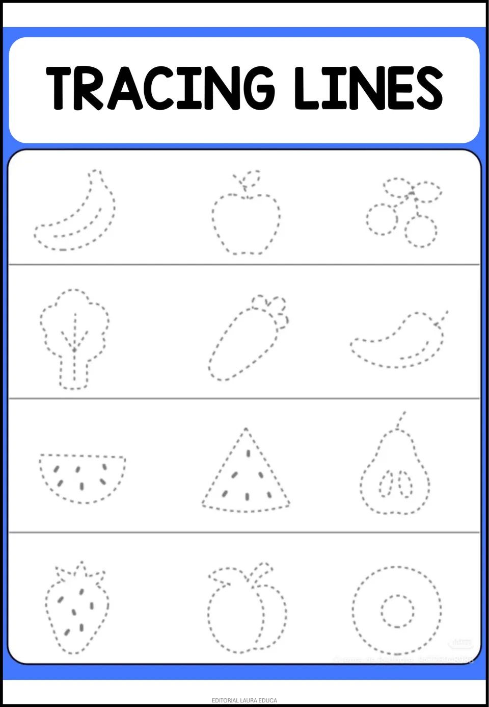 Food tracing worksheet with 12 dotted outlines, including a banana, apple, cherries, carrot, and pear