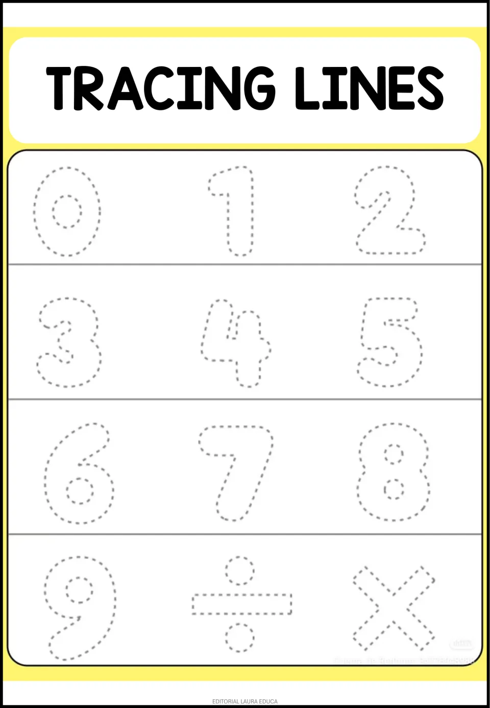 Number and symbol tracing worksheet with dotted outlines of numerals 0–9, a division sign, and a multiplication sign