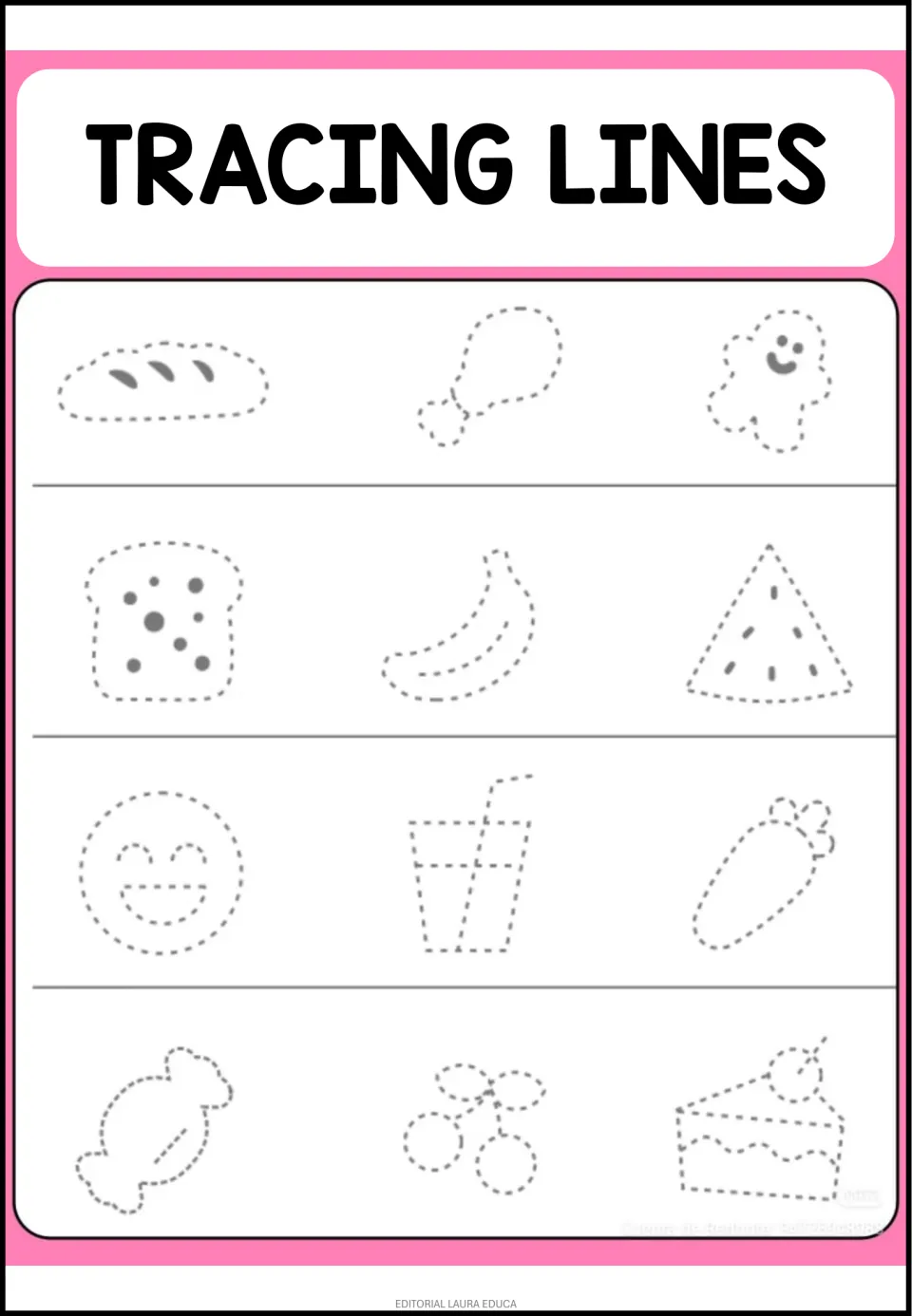 Picture tracing worksheet with 12 dotted outlines, including bread, a drumstick, a ghost, and a smiley face