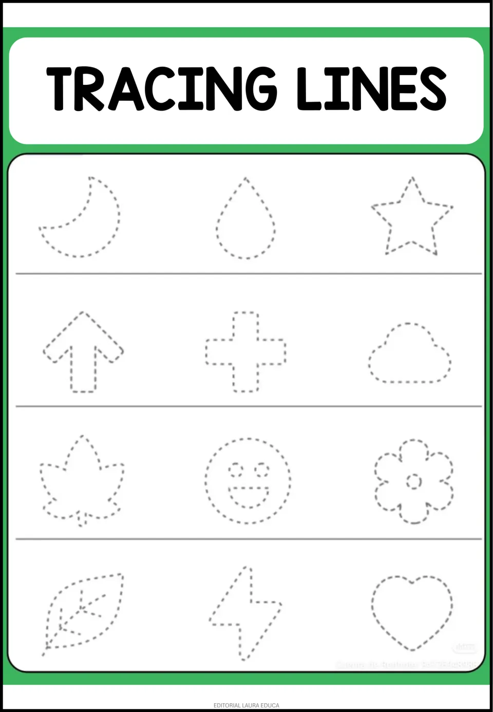 Shape and picture tracing worksheet with 12 dotted outlines, including a crescent, droplet, star, and arrow