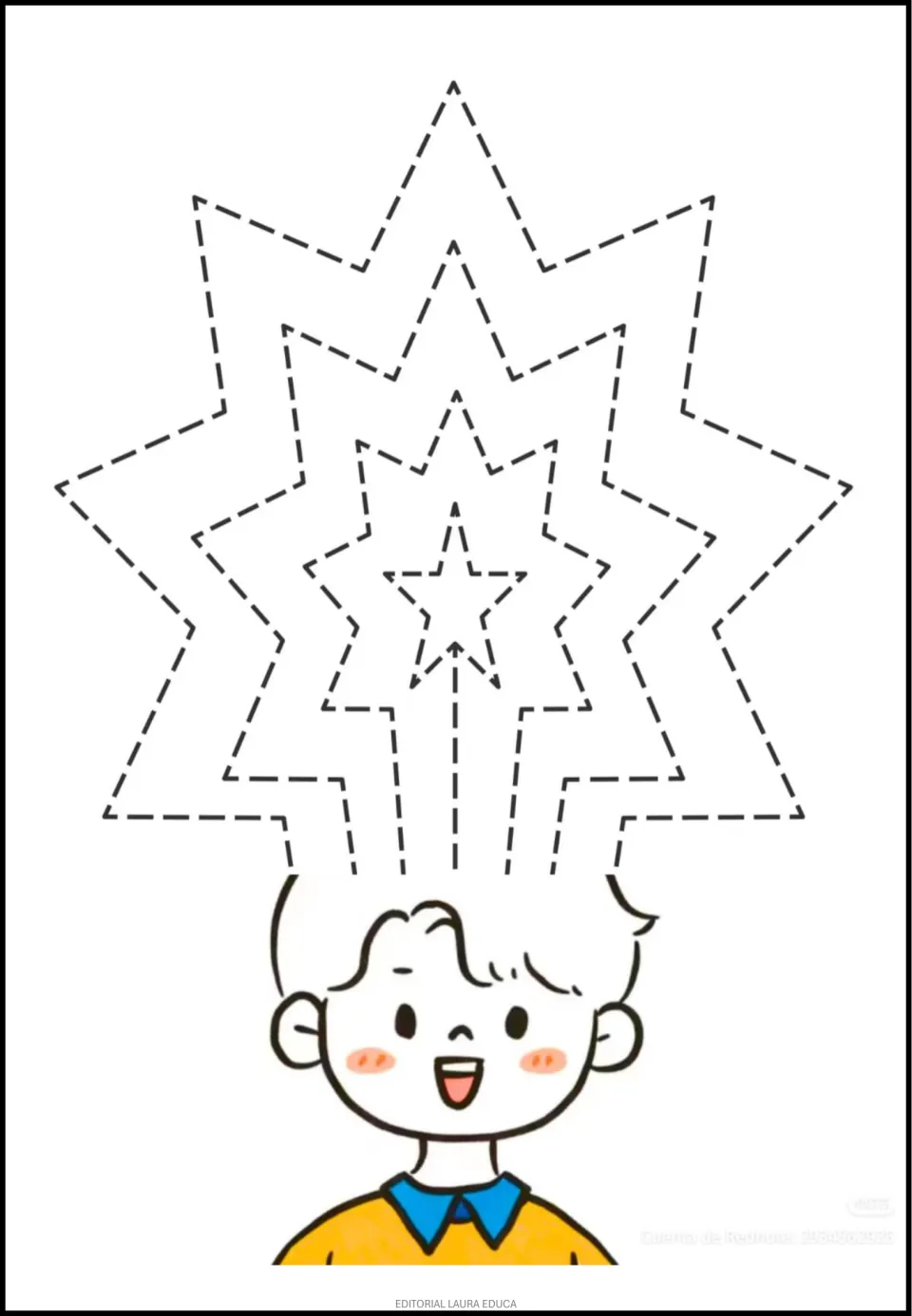 Tracing practice sheet 1 of 5: nested angular paths form pointed hair above a boy, with a central star.
