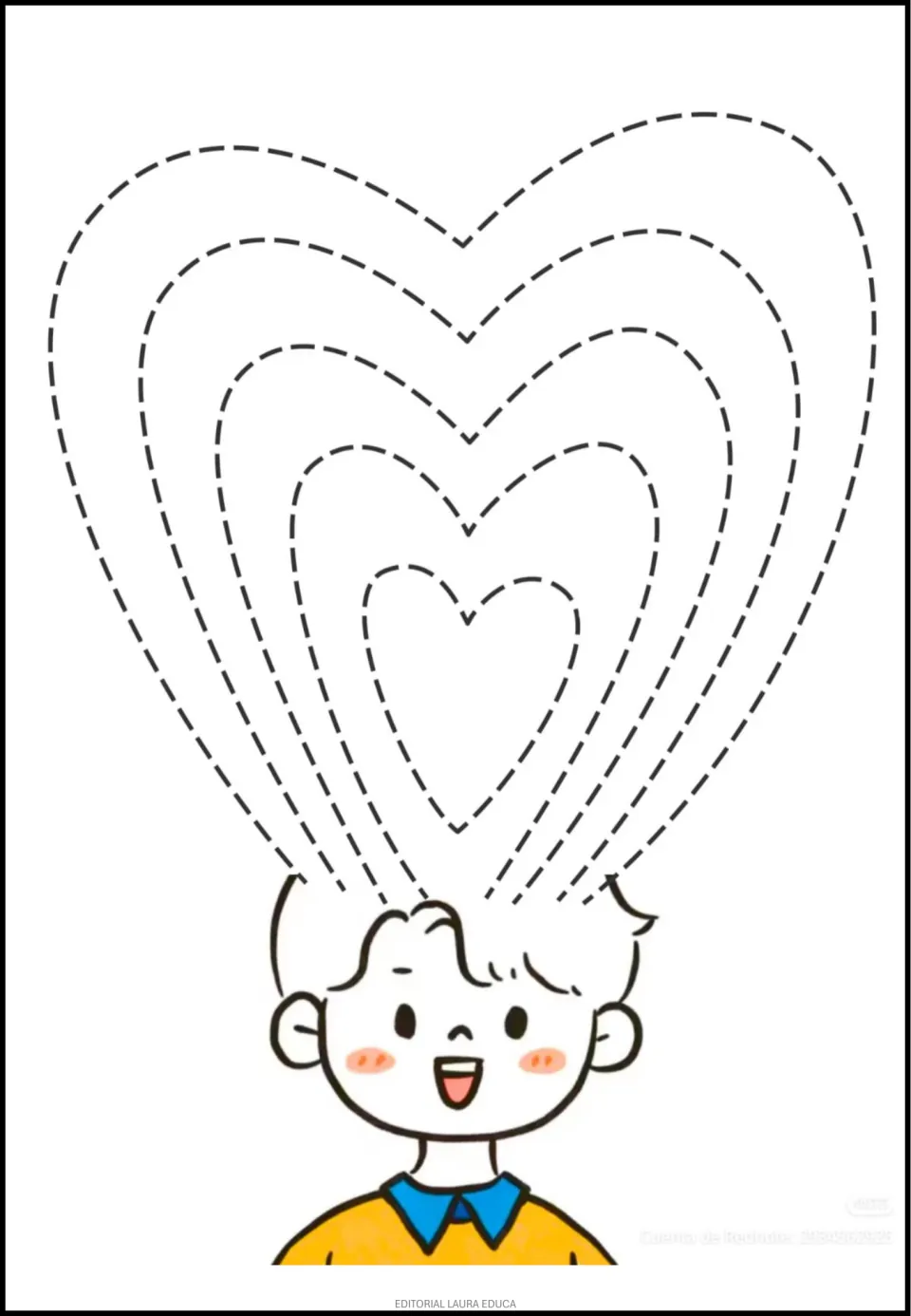 Tracing practice sheet 2 of 5: nested heart-shaped paths extend above a boy's head to form tall hair.