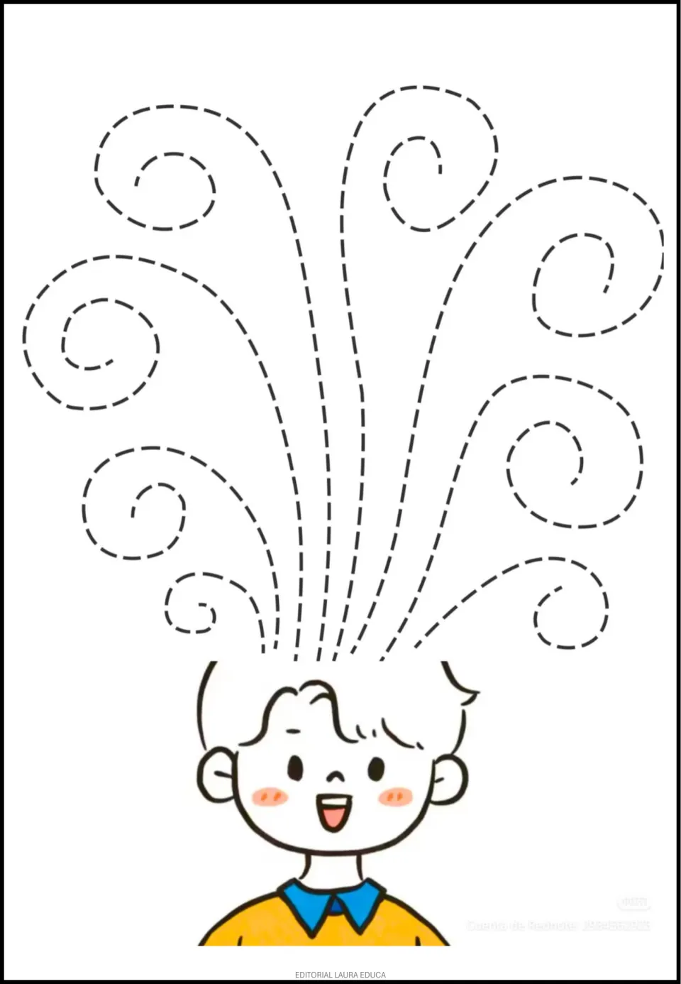 Tracing practice sheet 3 of 5: curved paths extend from a boy's head and curl into spirals at their ends.