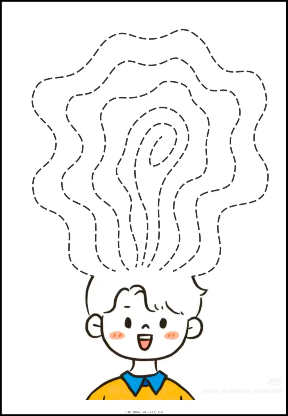 Tracing practice sheet 4 of 5: nested wavy paths form tall hair above a boy, surrounding a narrow loop.
