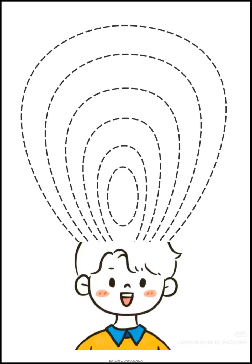 Tracing practice sheet 5 of 5: nested rounded paths rise above a boy's head around a small central oval.