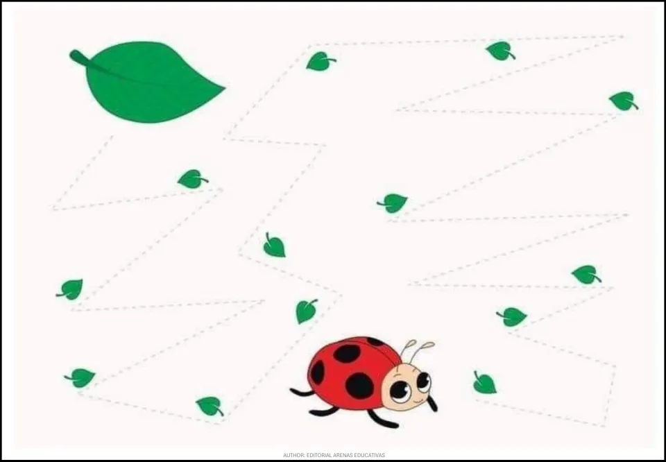 Animal tracing exercise 1 of 9: help a ladybug reach a leaf along an angular path marked by small leaves
