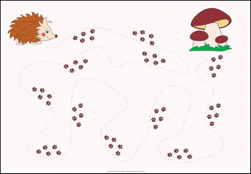 Animal tracing exercise 2 of 9: help a hedgehog reach mushrooms along a winding path marked by paw prints
