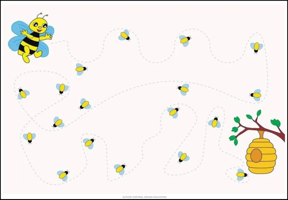 Animal tracing exercise 3 of 9: help a bee reach a hanging hive along a winding path marked by small bees