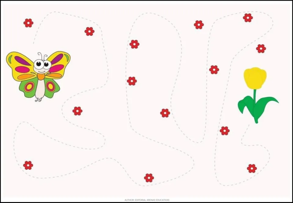 Animal tracing exercise 4 of 9: help a butterfly reach a yellow flower along a path marked by red flowers