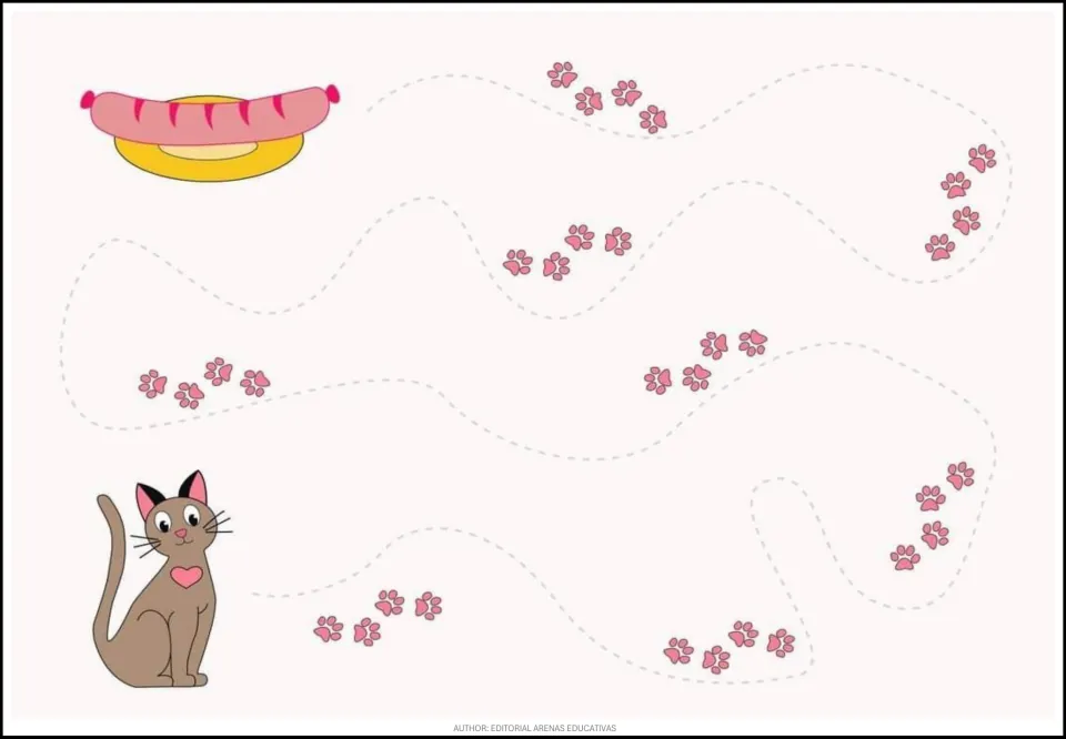 Animal tracing exercise 5 of 9: help a cat reach a sausage on a plate along a path marked by pink paw prints