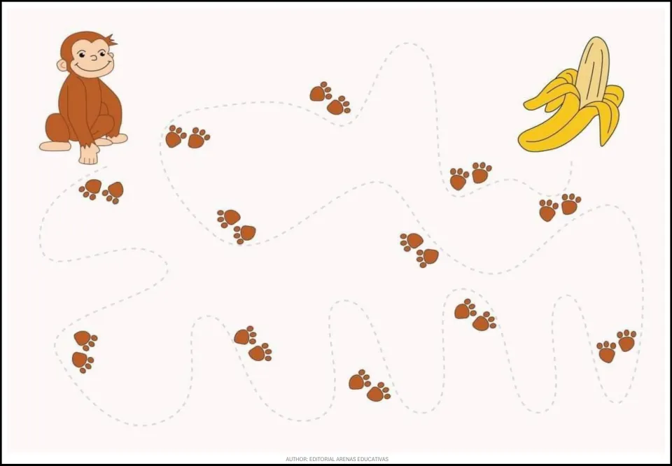 Animal tracing exercise 6 of 9: help a monkey reach a peeled banana along a winding path marked by footprints