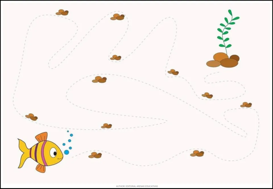 Animal tracing exercise 7 of 9: help a fish reach an aquatic plant along a winding path marked by pebbles