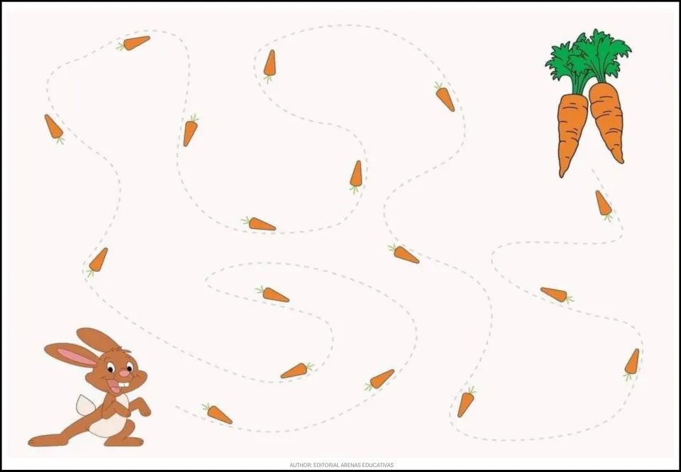 Animal tracing exercise 8 of 9: help a rabbit reach two carrots along a winding path marked by small carrots