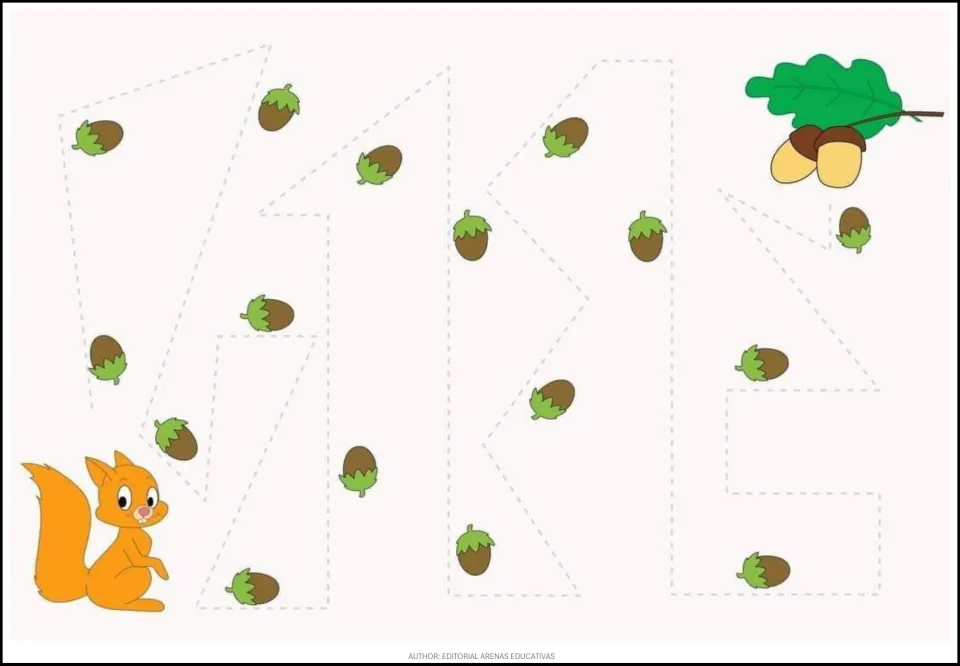 Animal tracing exercise 9 of 9: help a squirrel reach acorns and an oak leaf along a path marked by acorns