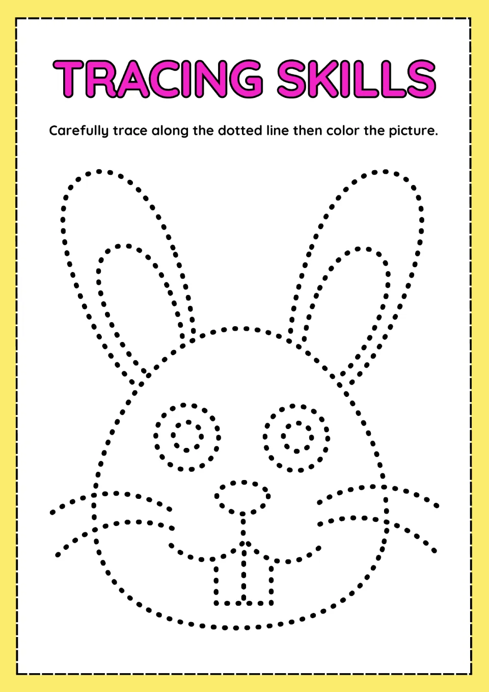 Rabbit tracing activity featuring dotted ears, eyes, whiskers, and front teeth to trace and then color