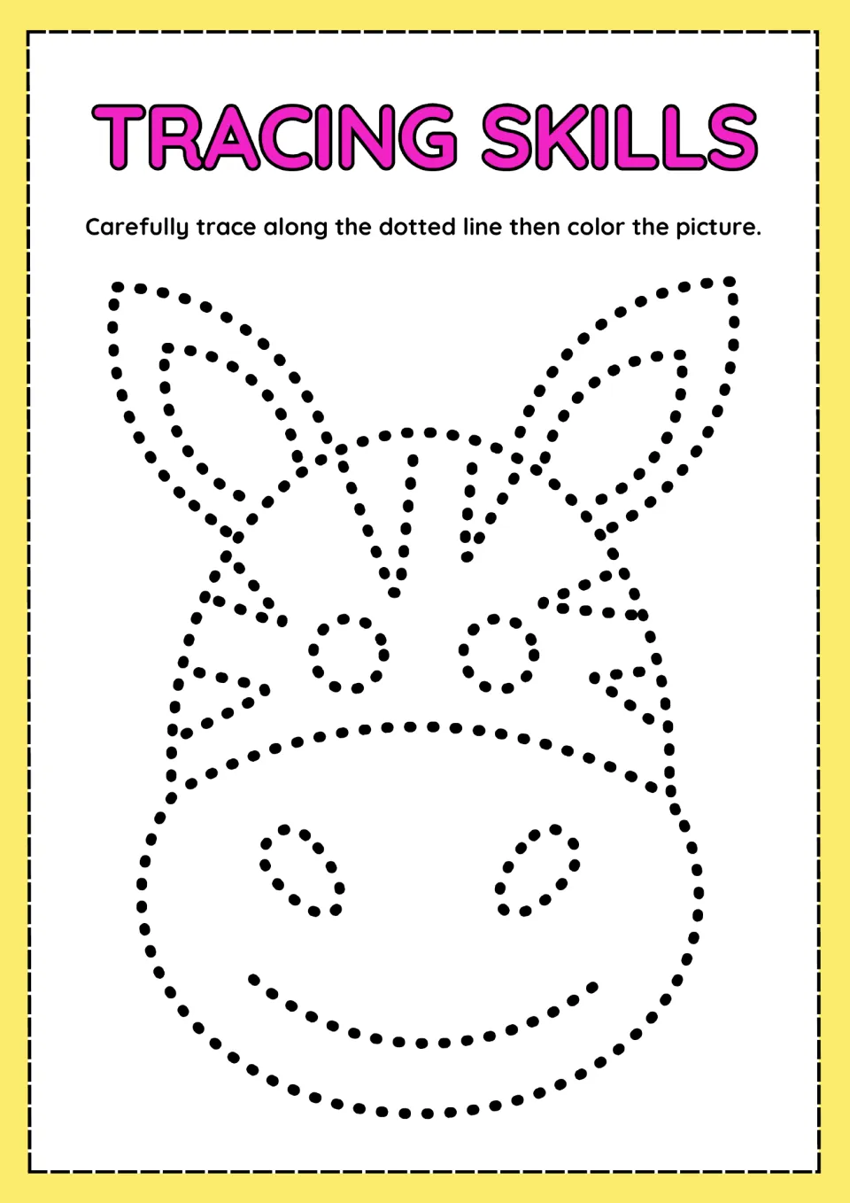 Zebra tracing activity featuring a dotted face, pointed ears, stripes, and a muzzle to trace and color