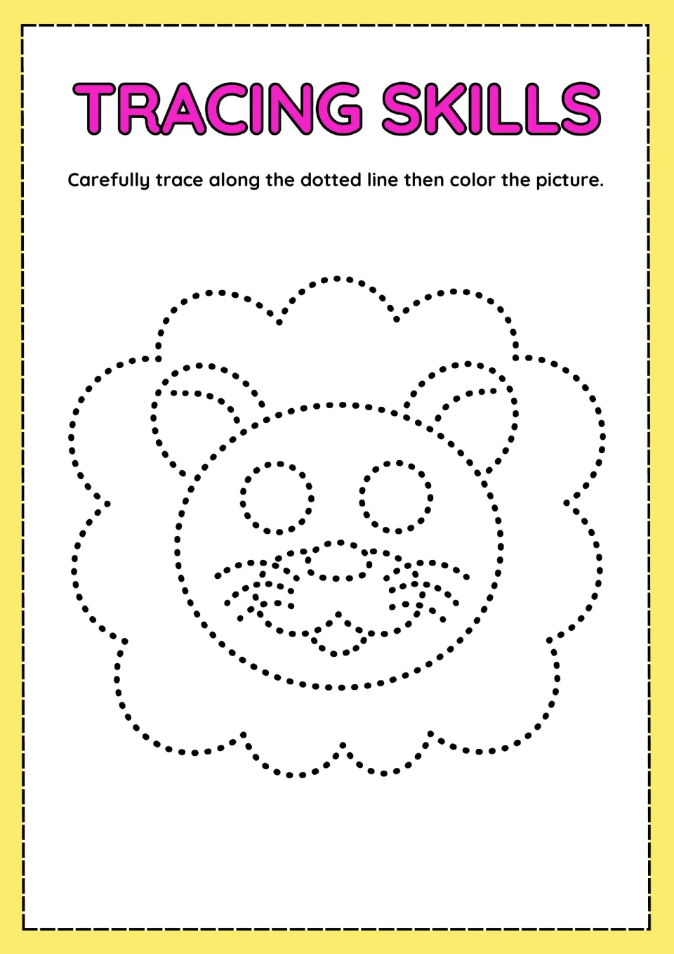 Lion tracing activity featuring a dotted mane, round ears, eyes, nose, and whiskers to trace and color