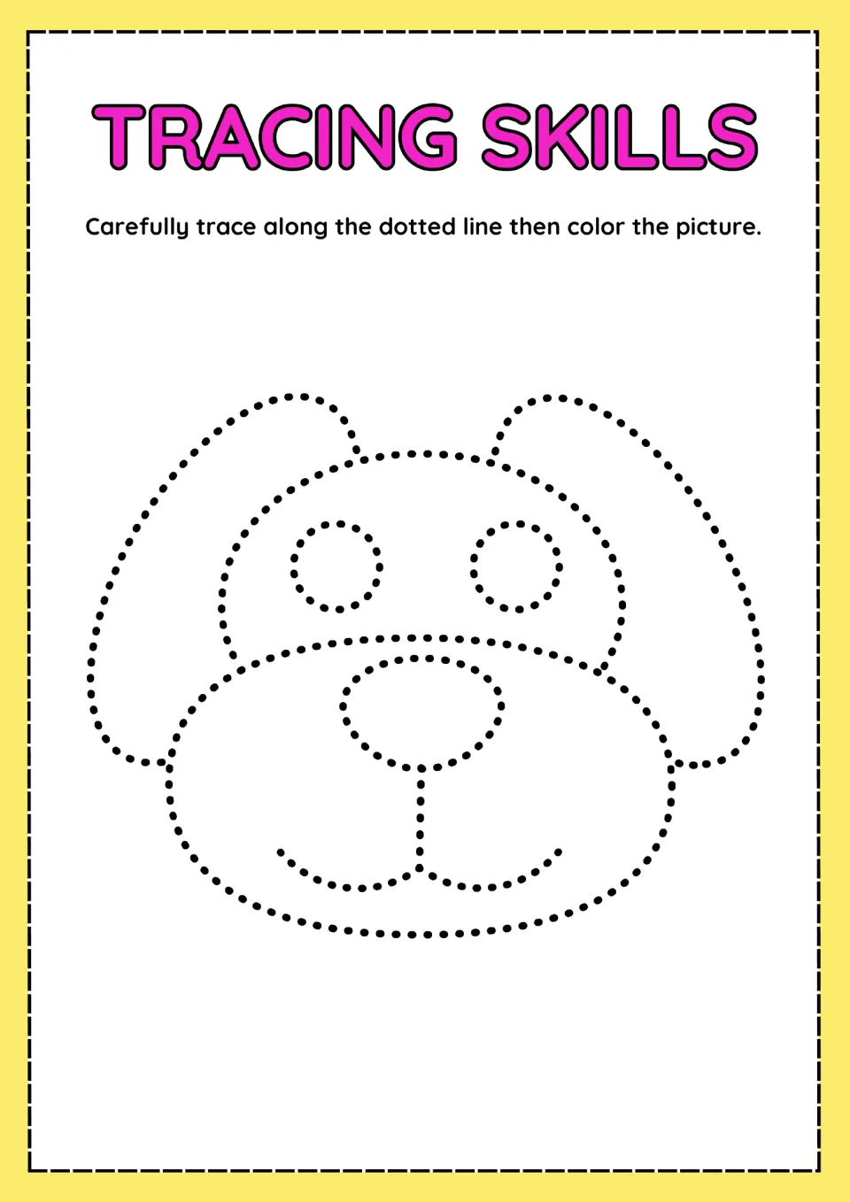 Dog tracing activity featuring a dotted face with floppy ears, round eyes, and a nose to trace and color