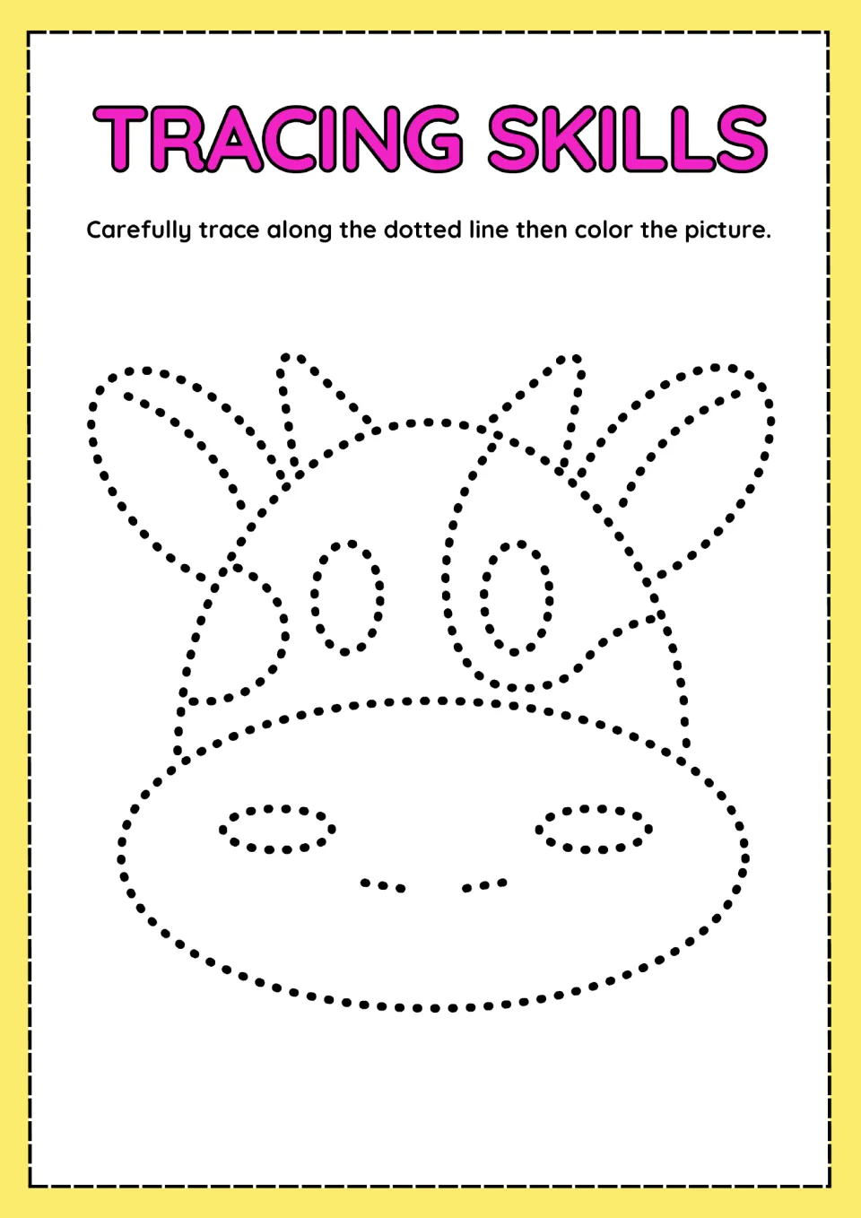 Cow tracing activity featuring a dotted face with horns, ears, patches, and nostrils to trace and color