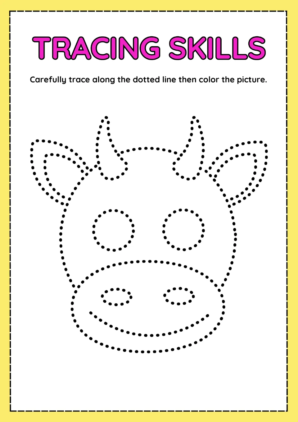 Bull tracing activity featuring a dotted face with tall horns, ears, and a smiling muzzle to trace and color