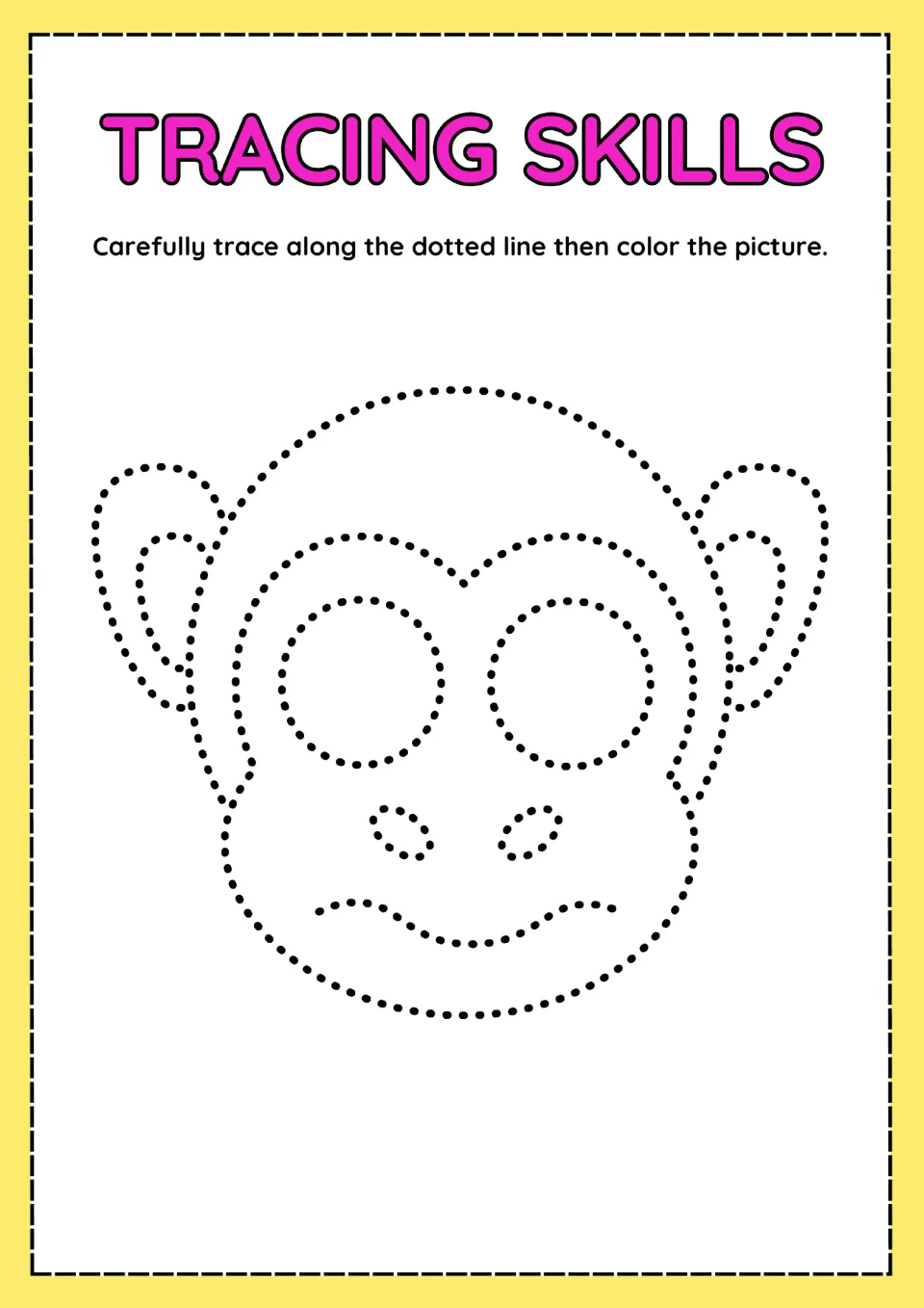 Monkey tracing activity featuring a dotted face with rounded ears, large eyes, and a mouth to trace and color