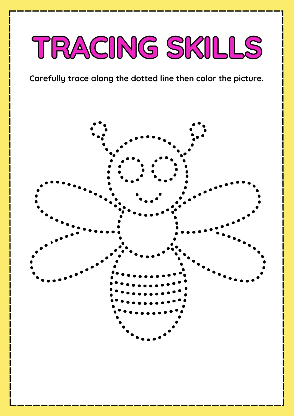 Winged insect tracing activity featuring dotted antennae, four wings, and a striped body to trace and color