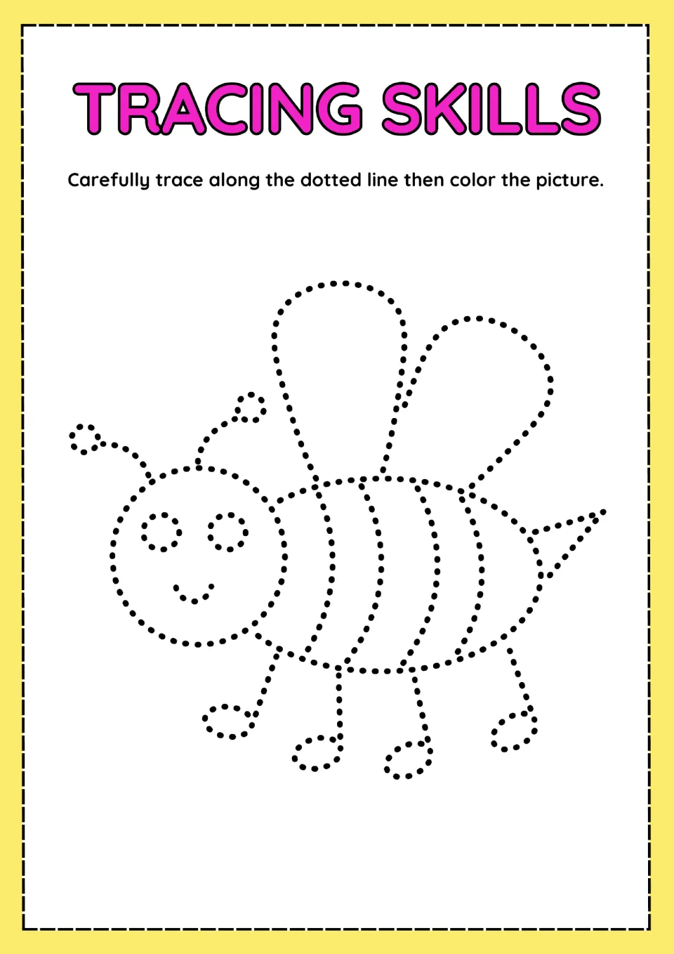 Bee tracing activity featuring dotted antennae, wings, legs, and a striped body with a pointed tail