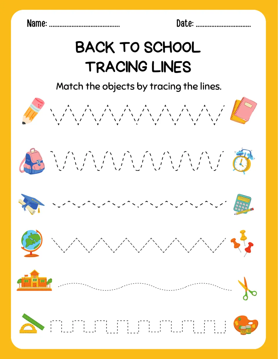 Back to school tracing: students follow zigzag, wavy and square paths matching a pencil to notebooks, a globe to pins