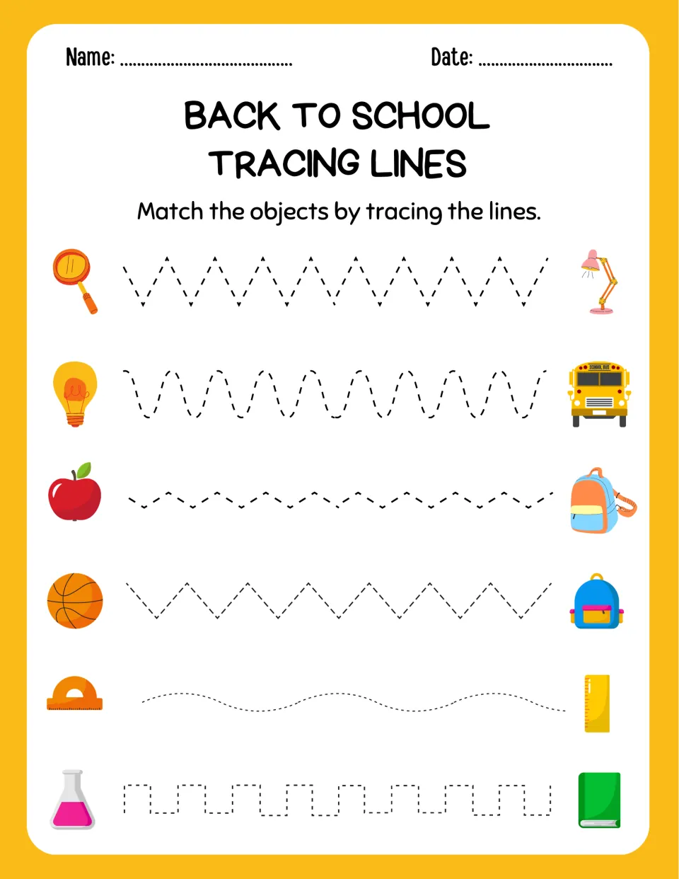 Back to school tracing: students follow paths matching a magnifier to a lamp, a bulb to a bus, an apple to a backpack