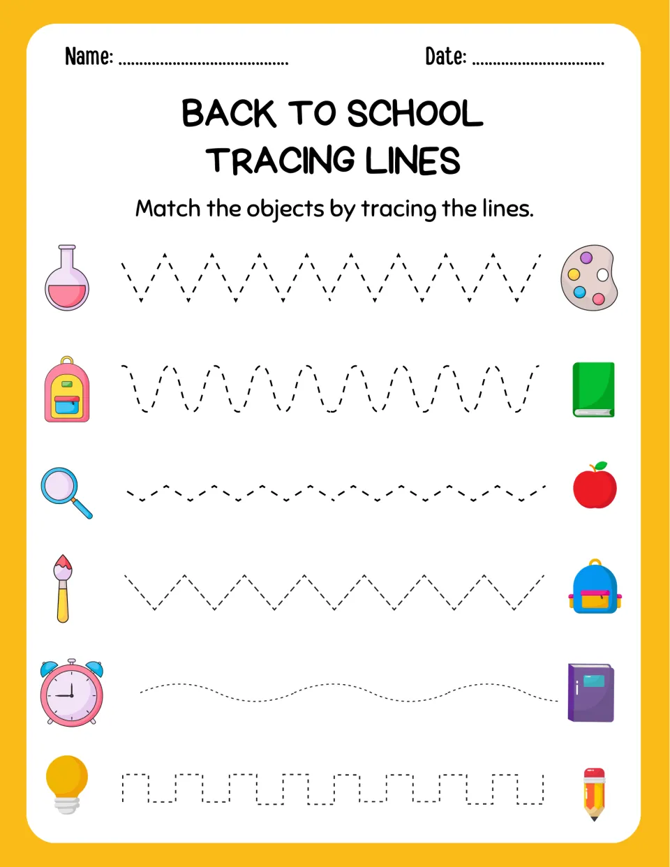 Back to school tracing: students follow paths matching a flask to a palette, a clock to a book, a bulb to a pencil