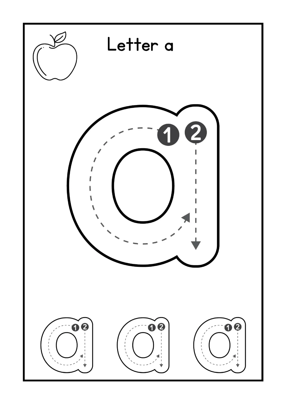 Letter a handwriting: students trace a large lowercase a along 2 numbered stroke arrows, then 3 small a's; apple picture
