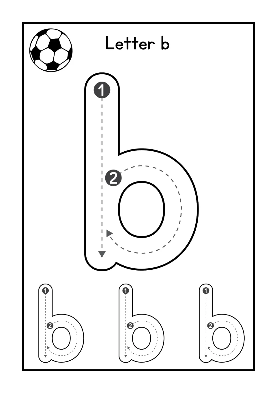 Letter b handwriting: students trace a big lowercase b, down stroke then curve, and repeat on 3 small b's; soccer ball
