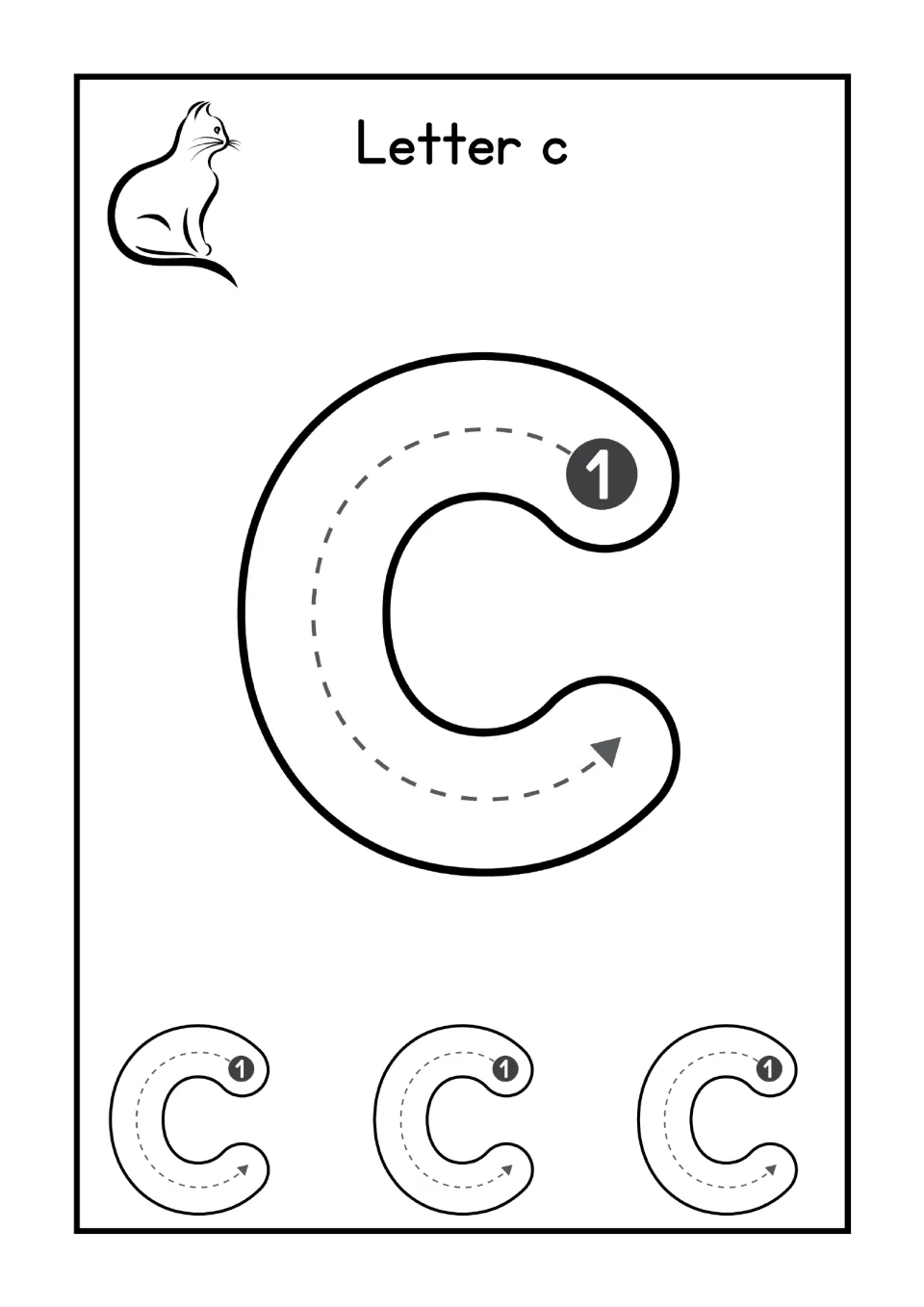 Letter c handwriting: students trace one curved stroke around a large lowercase c, then 3 smaller c's; cat drawing