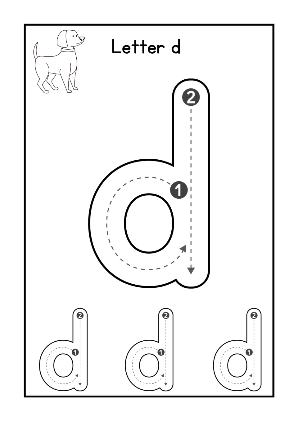 Letter d handwriting: students trace the circle then the tall down stroke of a lowercase d and 3 small d's; dog