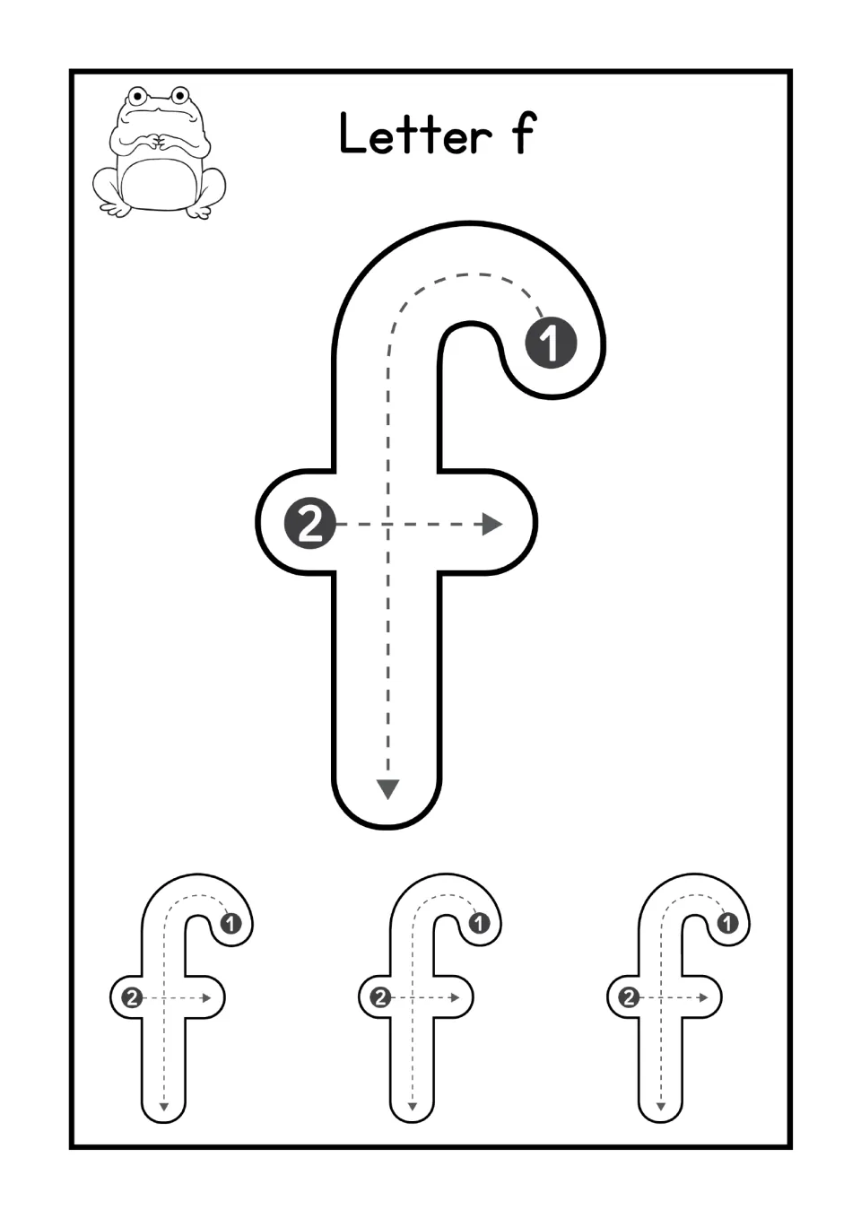 Letter f handwriting: students trace the hook and down stroke, then the crossbar of a lowercase f and 3 small f's; frog