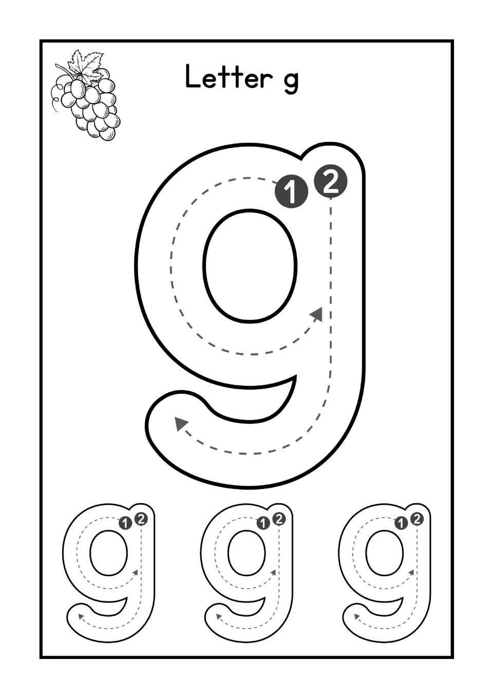 Letter g handwriting: students trace the circle and descending tail of a lowercase g, then 3 small g's; grapes drawing