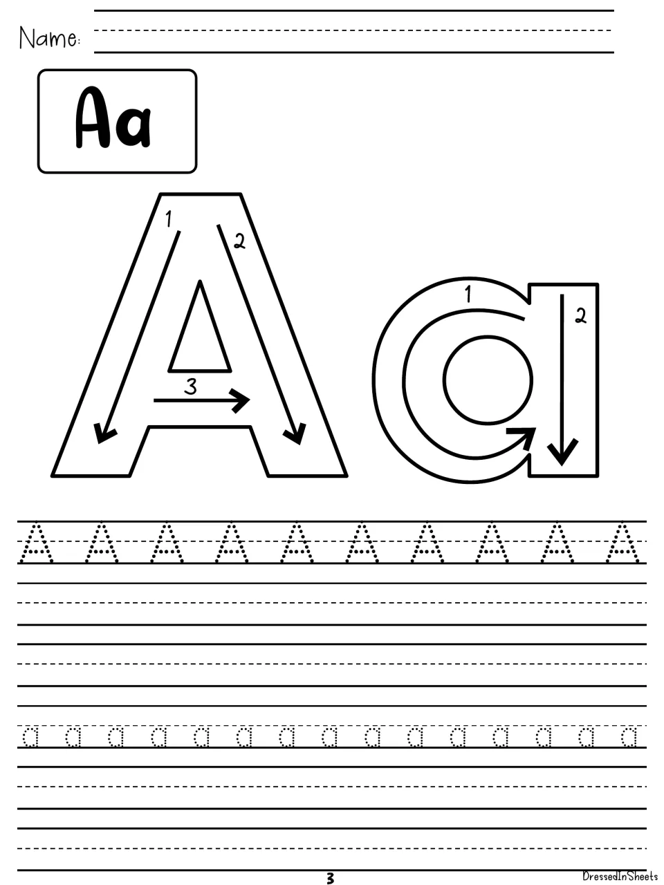 Letter Aa handwriting: students follow numbered stroke arrows on large A and a, then trace dotted A and a rows