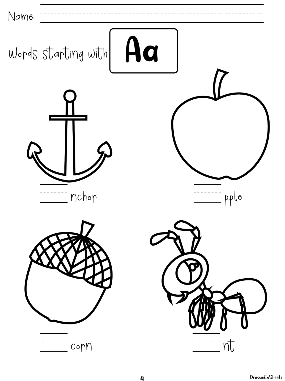 Words starting with Aa: students write the missing first letter for anchor, apple, acorn and ant under each picture