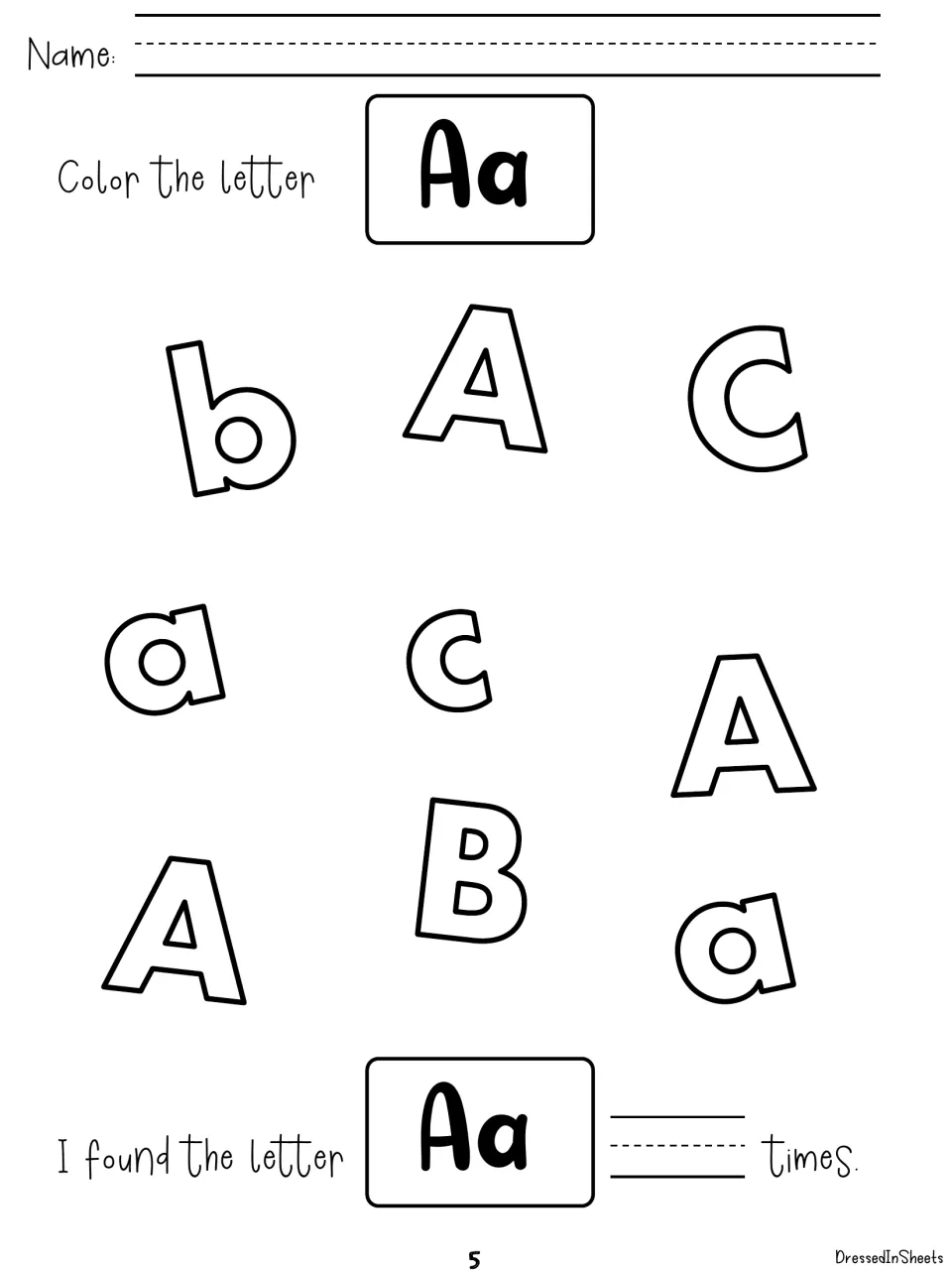 Color the letter Aa: students find and color every A and a among mixed letters, then write how many they found