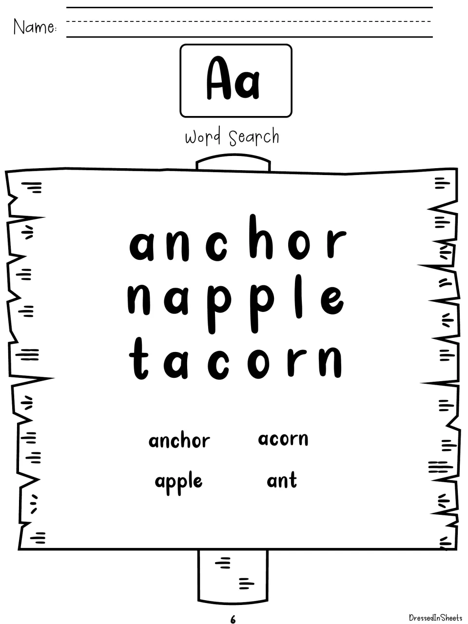 Aa word search: students find anchor, apple, acorn and ant hidden in three short rows of letters on a wooden sign
