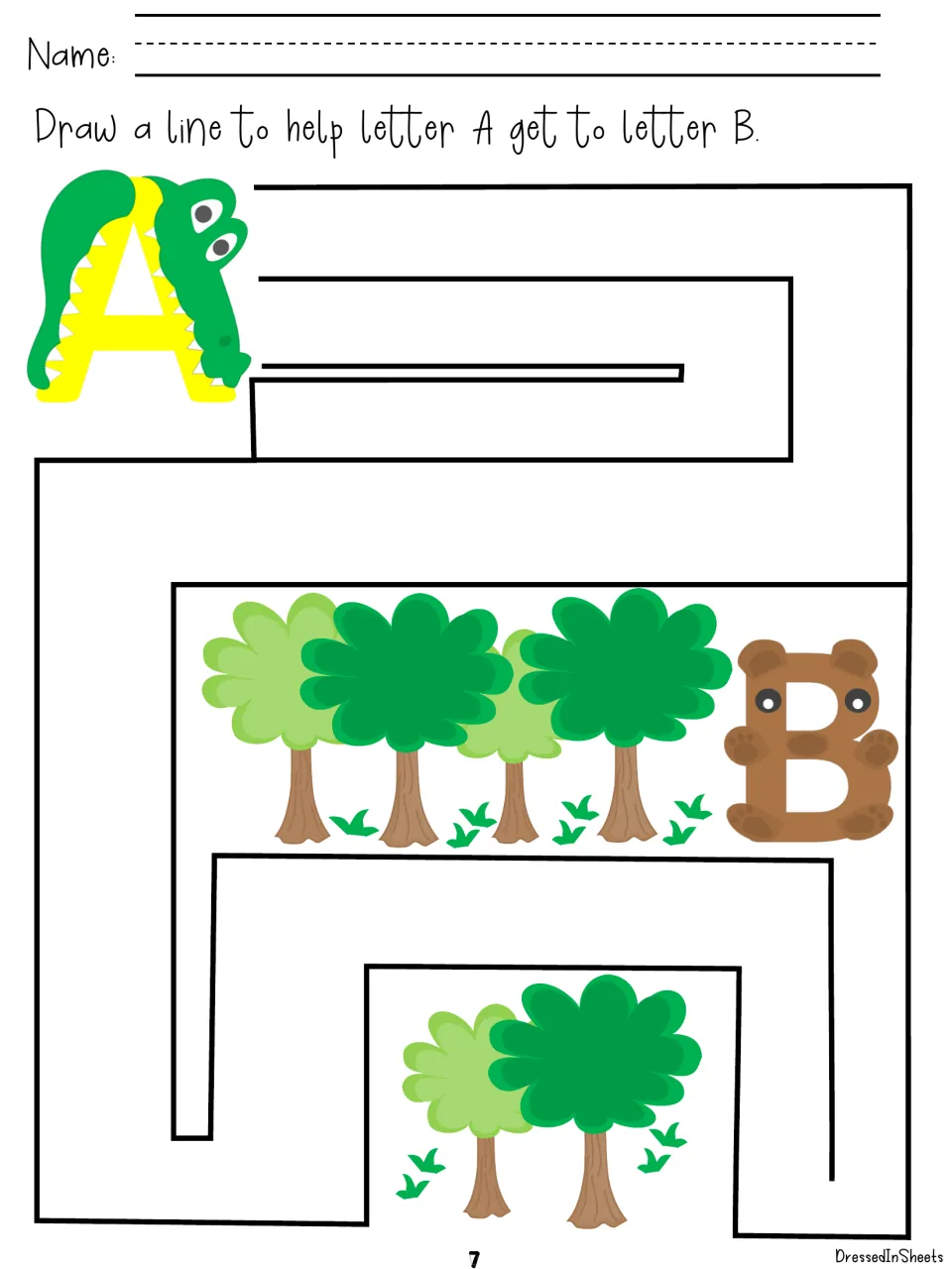 Letter maze: students draw a line along the path to help an alligator-shaped letter A reach a bear-shaped letter B
