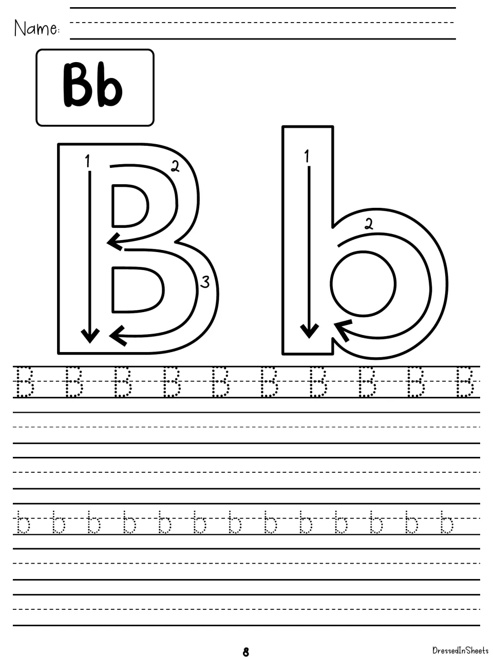 Letter Bb handwriting: students follow numbered stroke arrows on large B and b, then trace rows of dotted B and b letters
