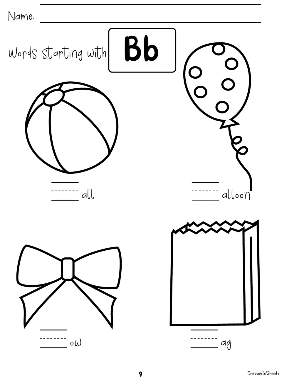 Words starting with Bb: students fill in the first letter to finish ball, balloon, bow and bag beneath each drawing