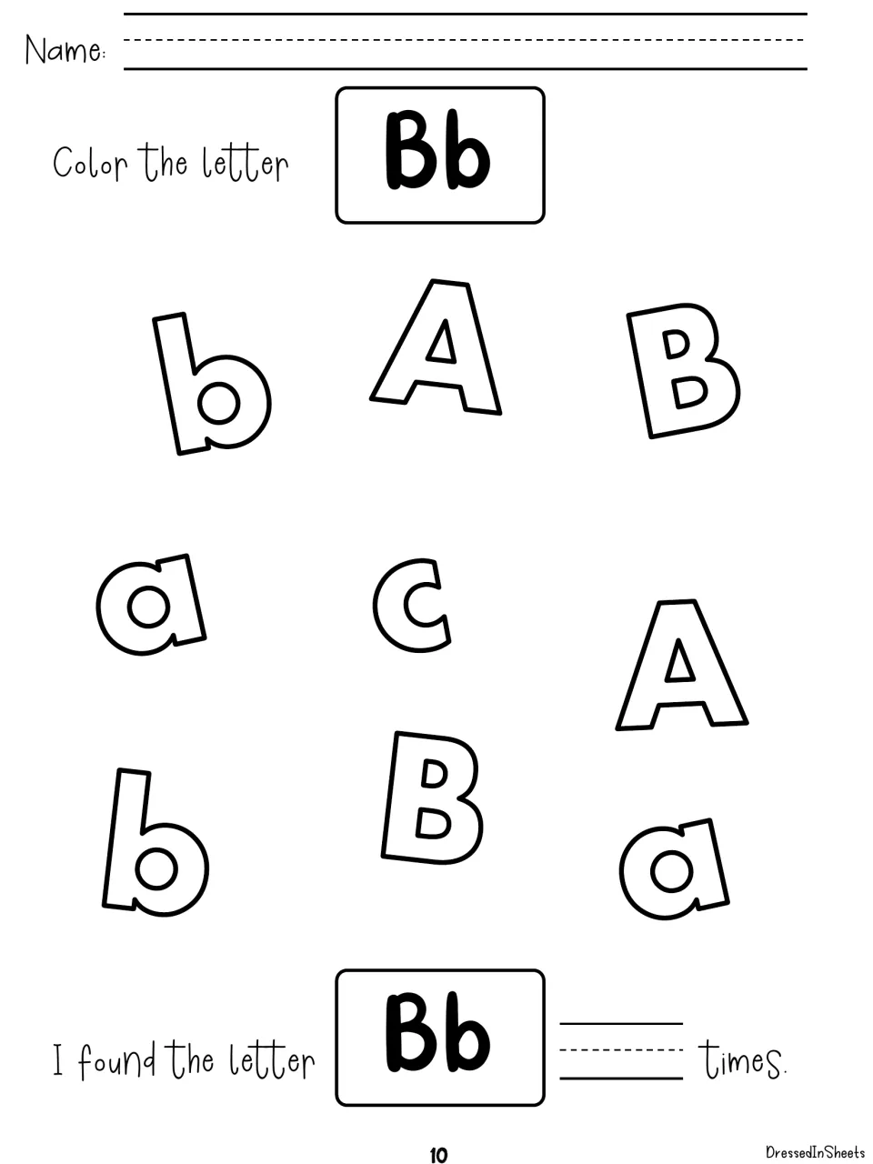 Color the letter Bb: students color each B and b mixed among A, a and c letters, then record how many times they found it