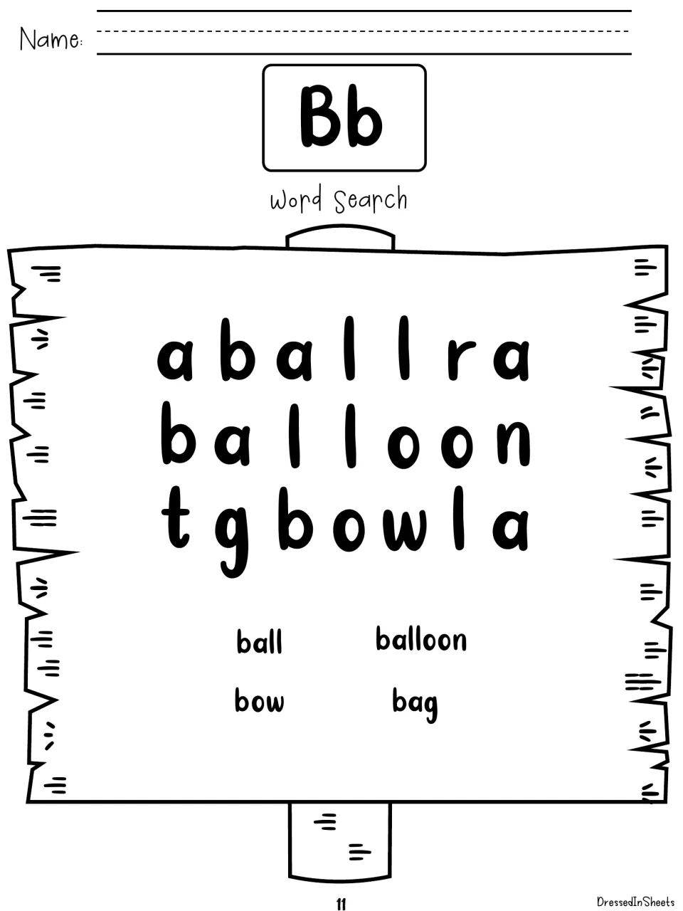 Bb word search: students look for ball, balloon, bow and bag hidden in three rows of letters printed on a wooden sign